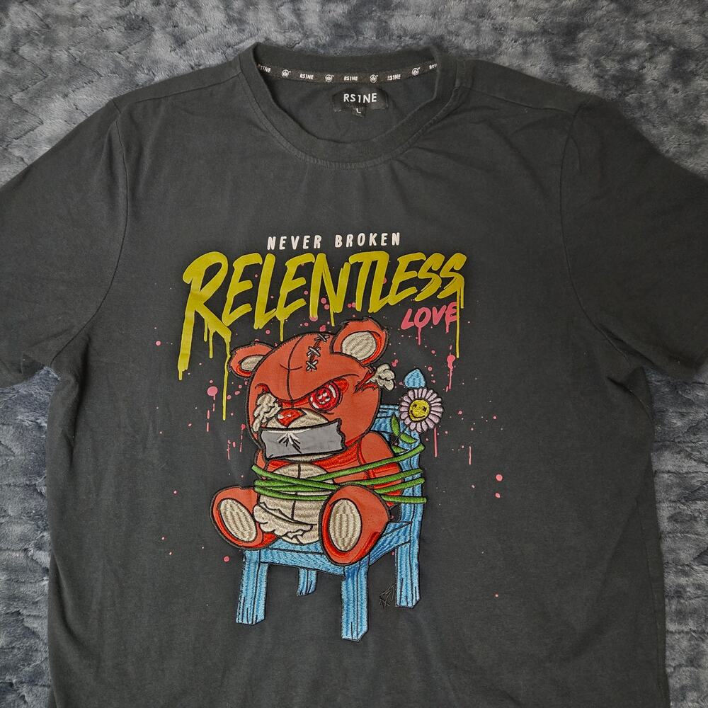 RS1NE‎ "Never Broken Relentless Love" Y2K T-Shirt Distressed Teddy Bear -Size L - Picture 2 of 7